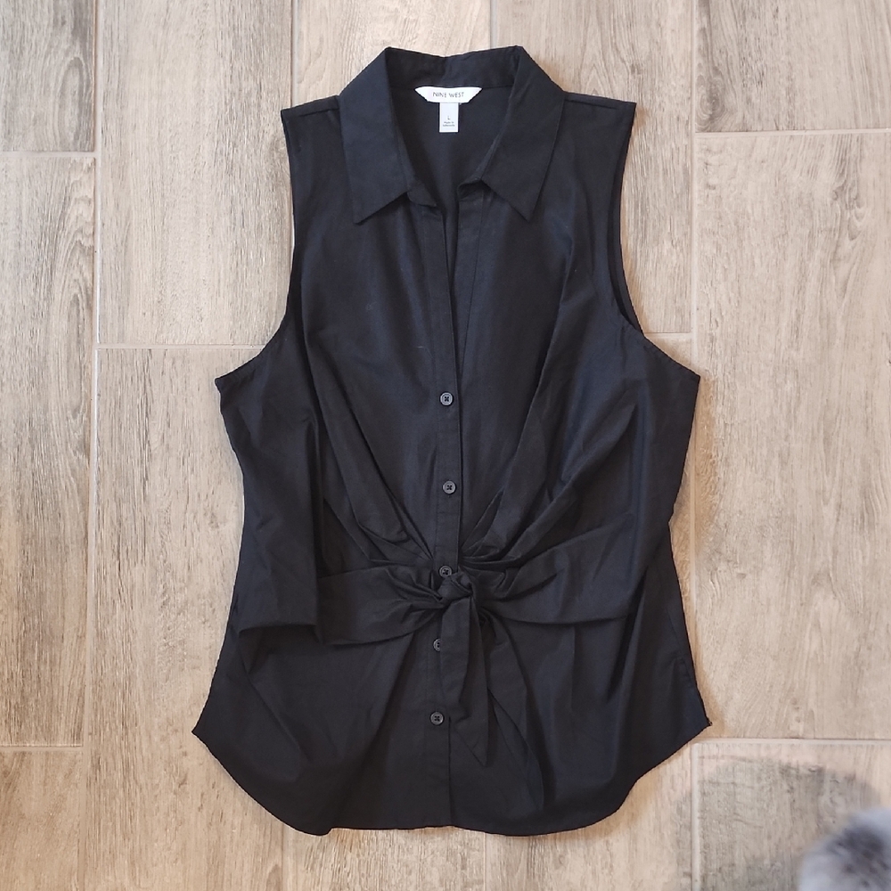 Nine West Black Sleeveless Button Down Shirt with Tie Front